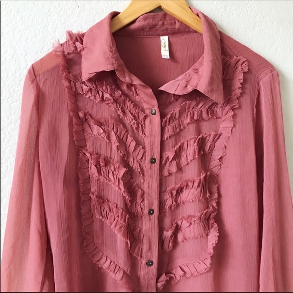 FREE PEOPLE Sheer Raspberry Ruffle Tuxedo Blouse - Picture 5 of 9